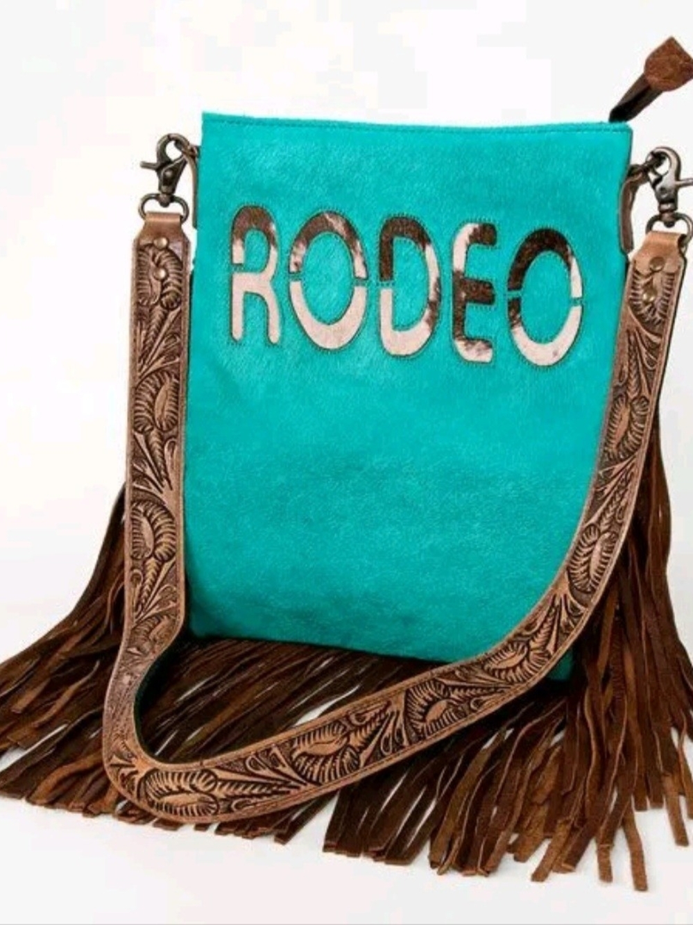 American Darling Teal Crossbody Bag with Brown Fringe & Tooled Strap